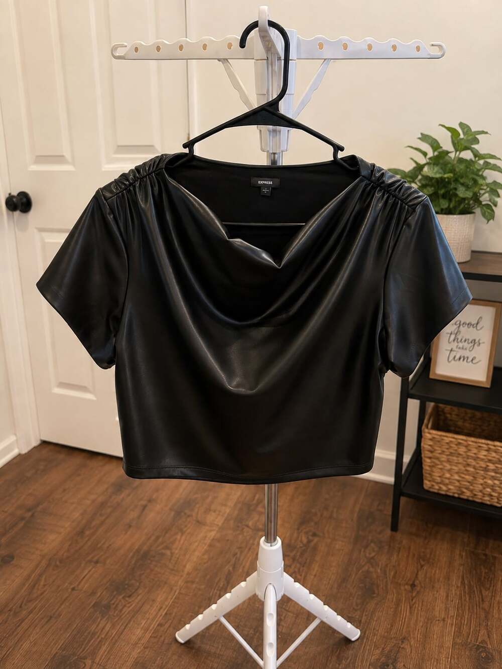 Express Women's Black Faux Leather Cowl Neck Short Sleeve Top